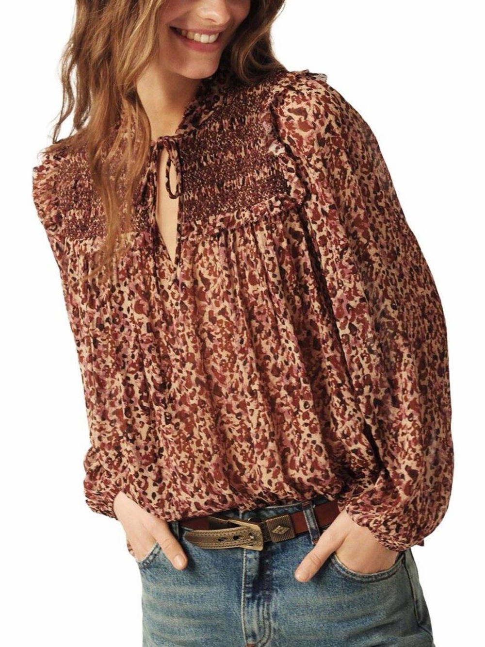 ba&sh Brown and Rust Floral Smocked Peasant Blouse